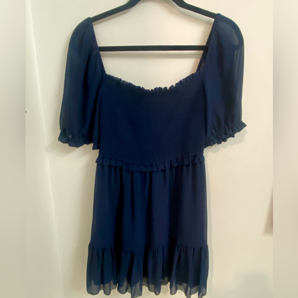 Wilfred Navy Blue Puff Sleeve Smocked Mini Dress